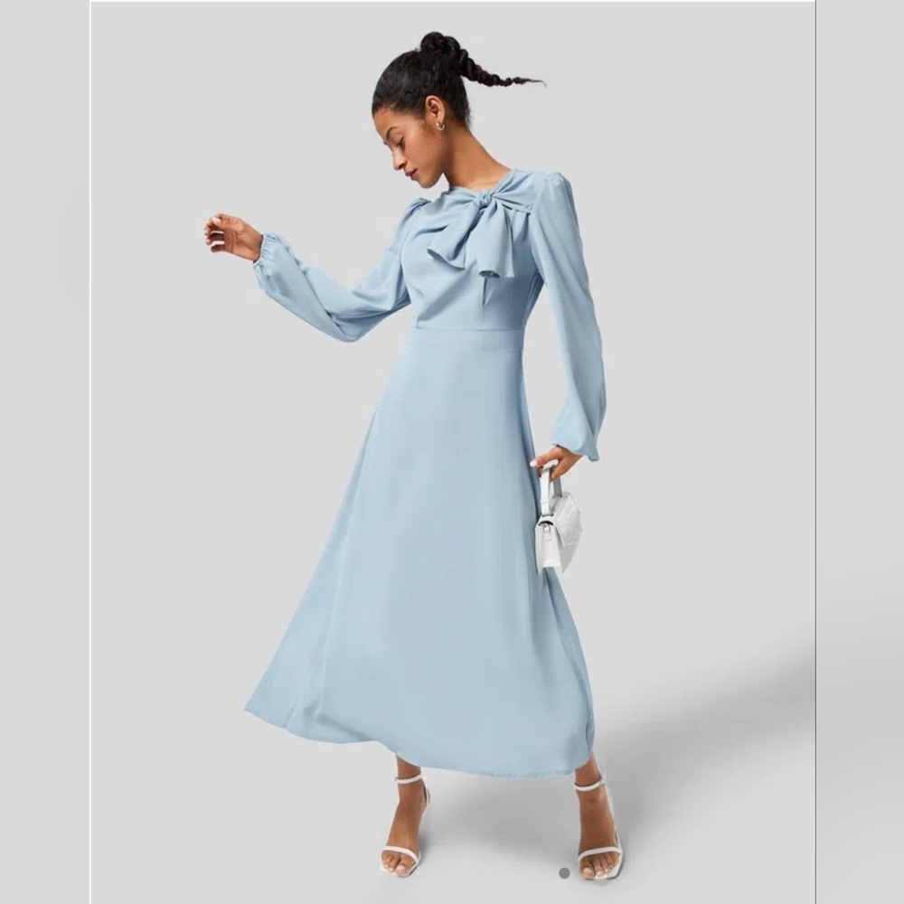 🛍HALARA Tie Neck Puff Long Sleeve Back Zipper Flowy Midi Work Dress,Large - Picture 2 of 16